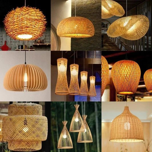 Candelabro de bambú de estilo chino moderno, lámparas de mimbre tejidas a mano para casa de té, lámpara de bambú tejida tipo sombrero de paja creativo