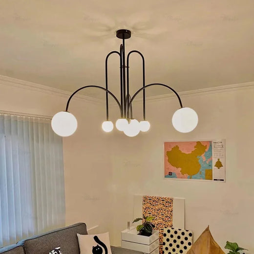 Modern Arched Arm Chandelier with Opal Glass Balls in Black Gold and Red