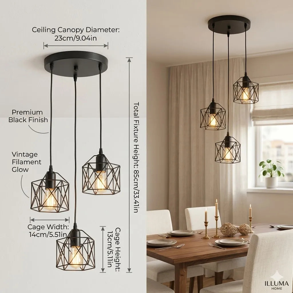 Industrial Iron Pendant Light 3-Head Hanging Lamp