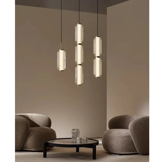 Modern Stacked Ribbed Glass Capsule Pendant Light in Black and Copper