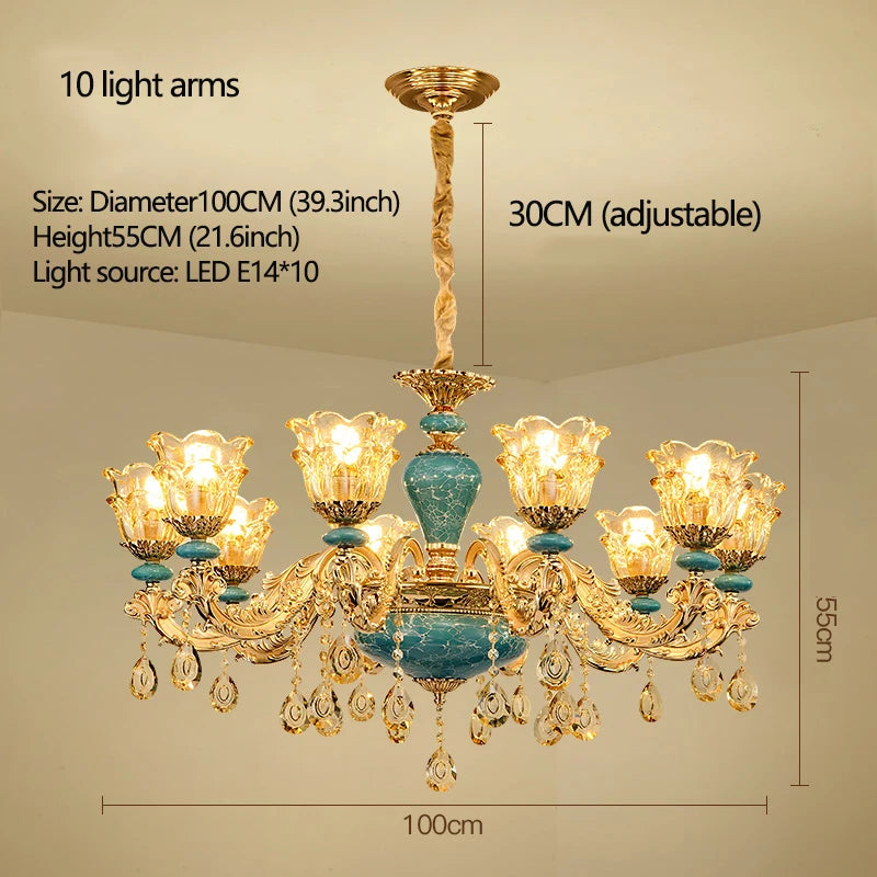 Candelabro de salón de estilo europeo, lámpara de cristal de cerámica de lujo para el hogar, nuevo estilo, sencilla, para dormitorio o restaurante