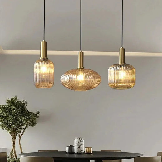 Nordic Ribbed Glass Pendant Light in Amber Green and Gray for Kitchen Island