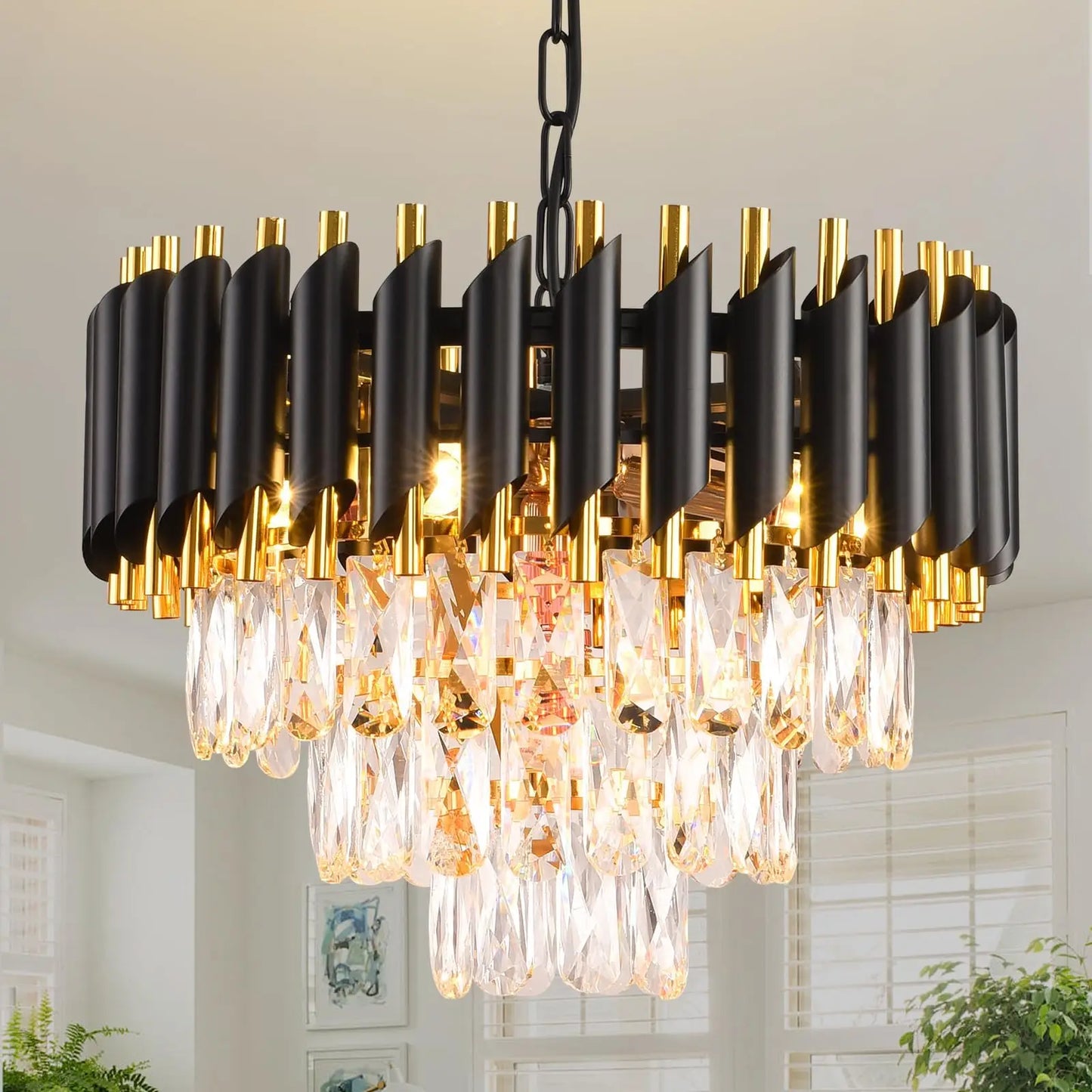 Modern Black Gold 3-Tier Crystal Iron Chandelier