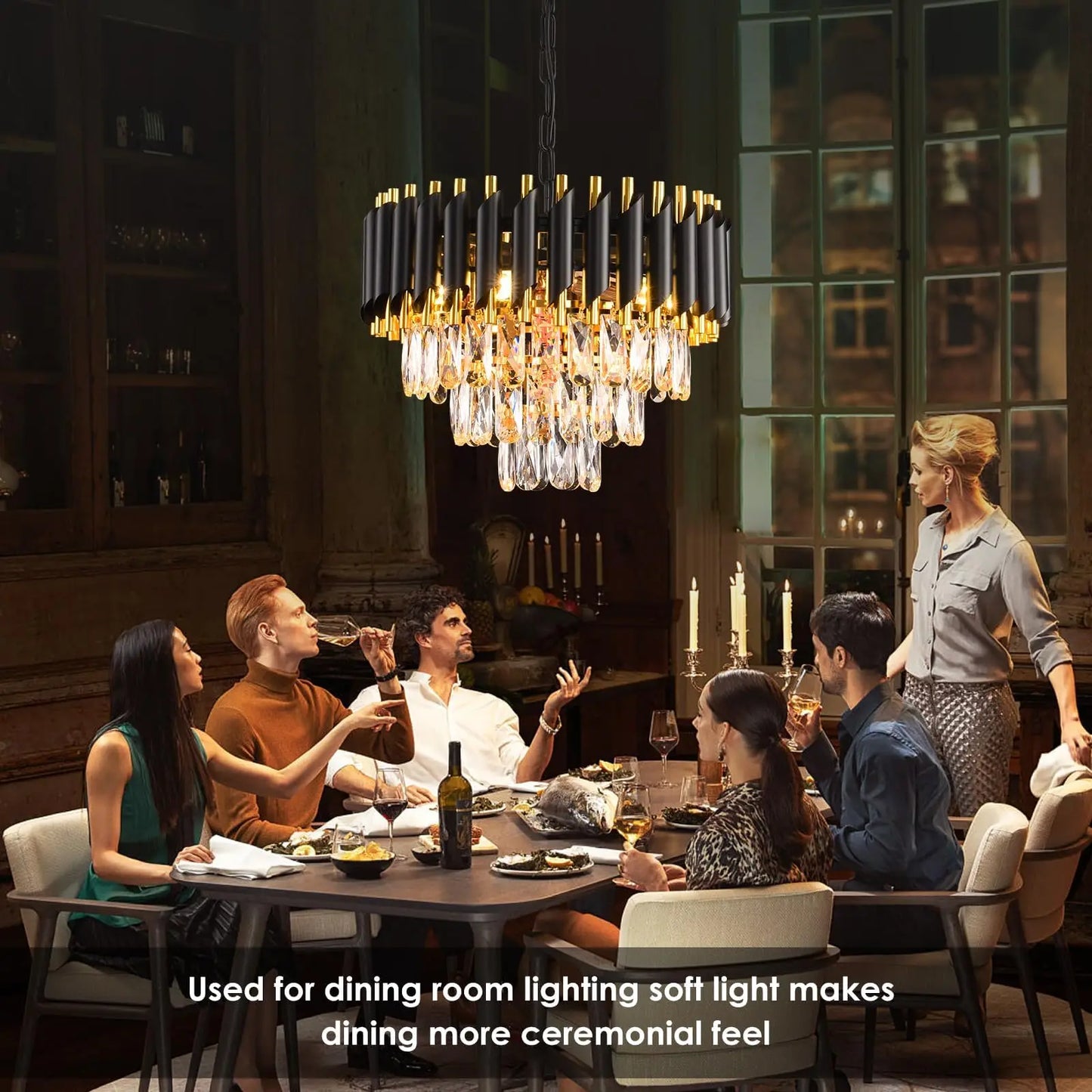 Modern Black Gold 3-Tier Crystal Iron Chandelier