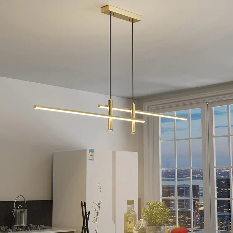 Minimalist Black Line Bar LED Pendant with Spotlights for Kitchen Island