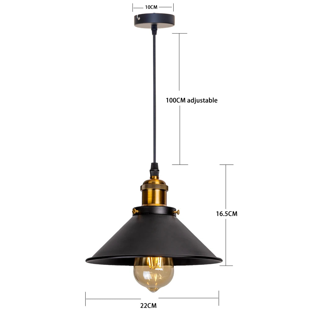 Retro Industrial Black Cone Pendant Light with Brass Fitting for Kitchen