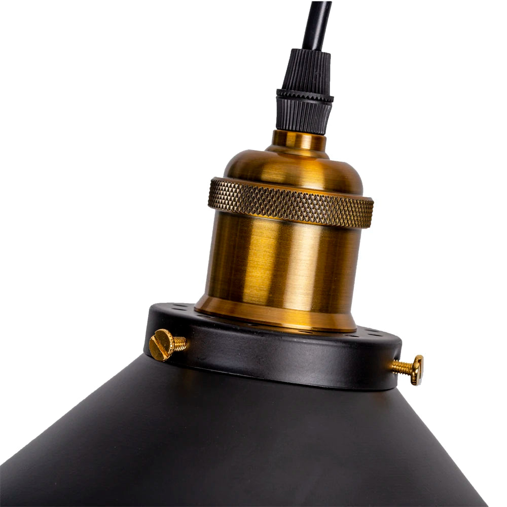 Retro Industrial Black Cone Pendant Light with Brass Fitting for Kitchen