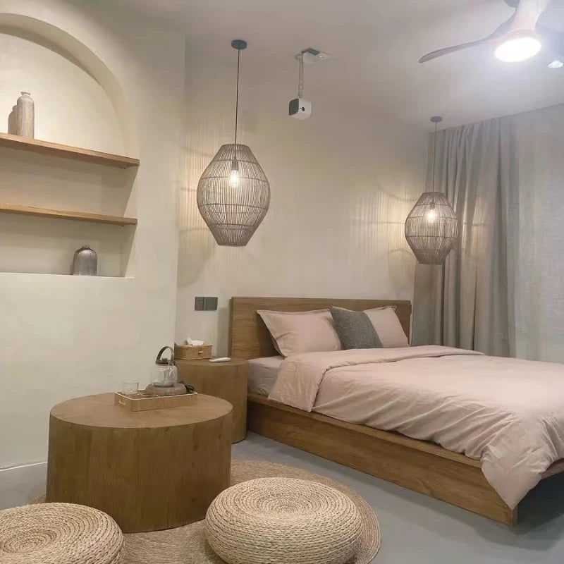 Lámparas colgantes LED de ratán retro para sala de estar, dormitorio, restaurante, lámpara colgante tipo loft, decoración del hogar, luminaria colgante
