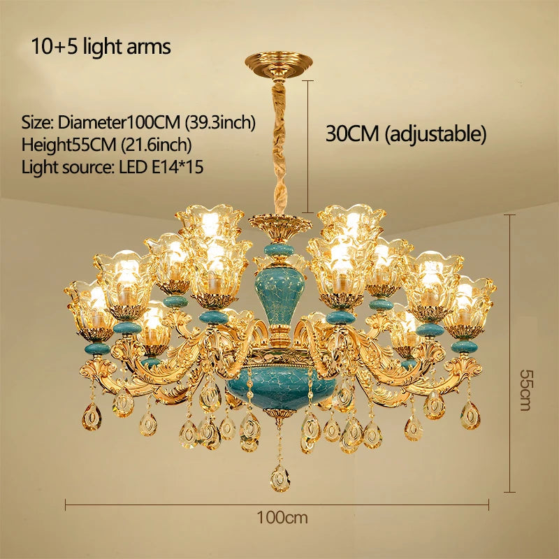 Candelabro de salón de estilo europeo, lámpara de cristal de cerámica de lujo para el hogar, nuevo estilo, sencilla, para dormitorio o restaurante