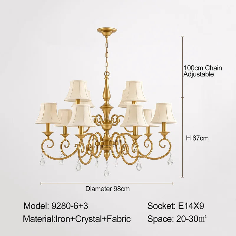 Lámpara de techo de araña de cristal dorado para sala de estar