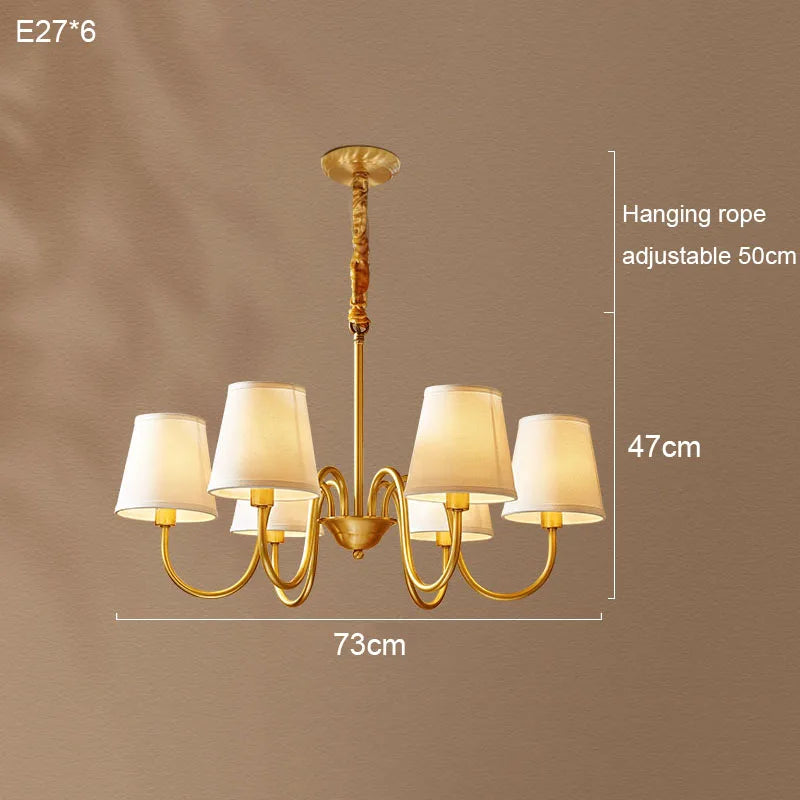Lámpara colgante de cobre para sala de estar medieval, candelabro de cobre retro para comedor, lámpara colgante de tela moderna de lujo para dormitorio, iluminación colgante simple