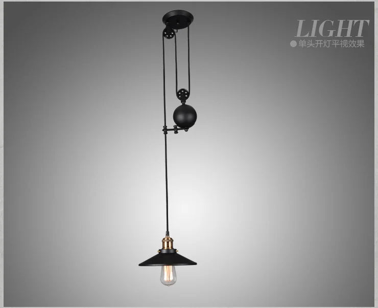 Industrial Iron Pendant Light with Pulley System