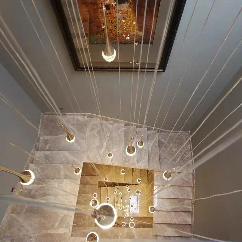 Lámpara de Araña LED de Diseño Moderno para Escalera, Lámpara de Cristal Larga de Lujo para Pasillo, con Luz Colgante Dorada Regulable para Decoración del Hogar