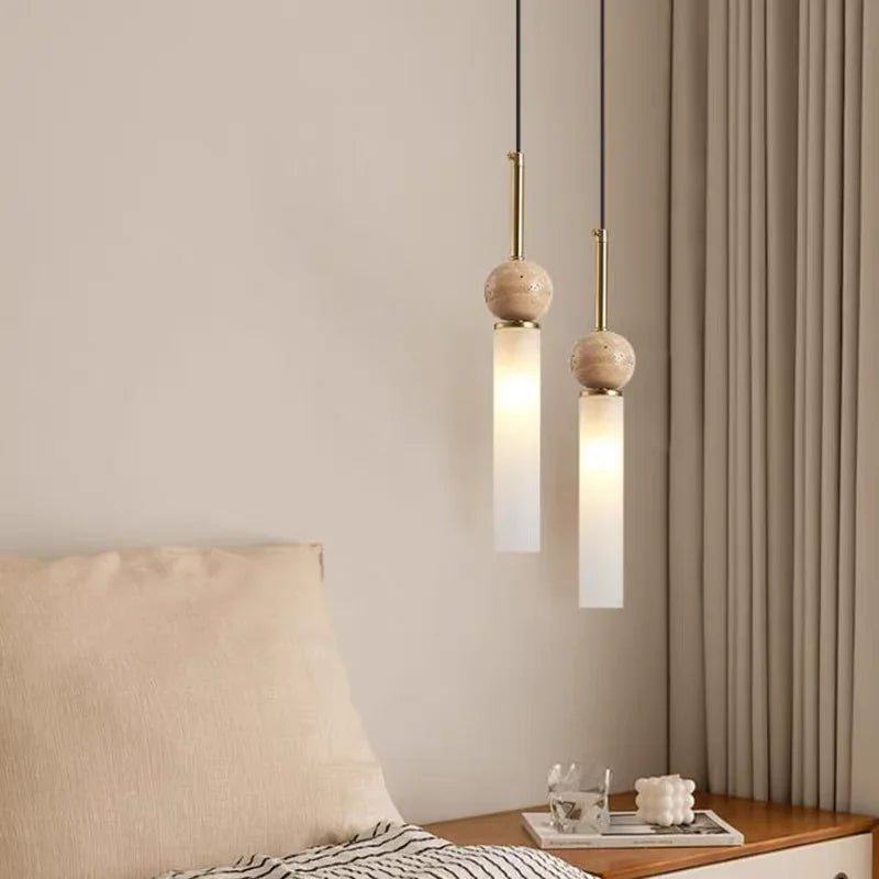 Wabi Sabi Travertine and Frosted Glass Tube Pendant Light for Bedside