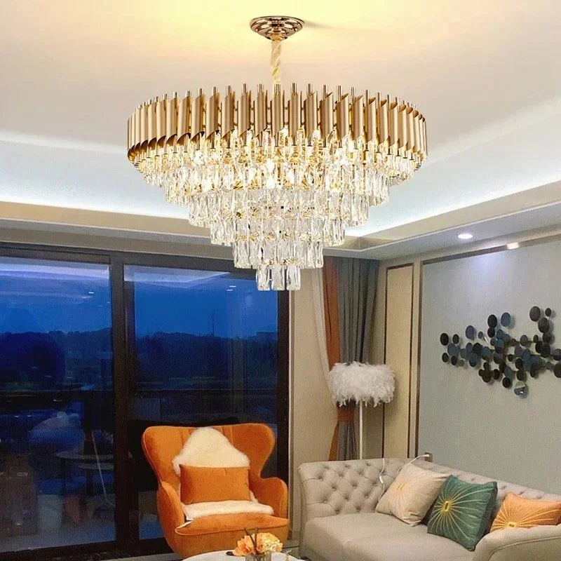 Luxury Black and Gold Tiered Crystal Chandelier for Living Room