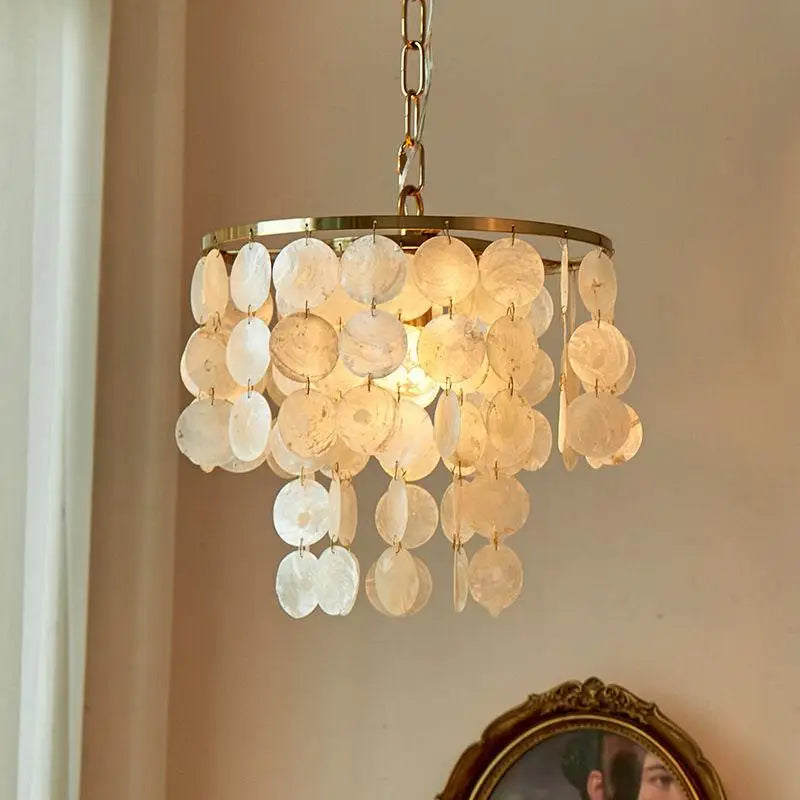 Coastal Capiz Shell Tiered Chandelier with Gold Frame for Bedroom