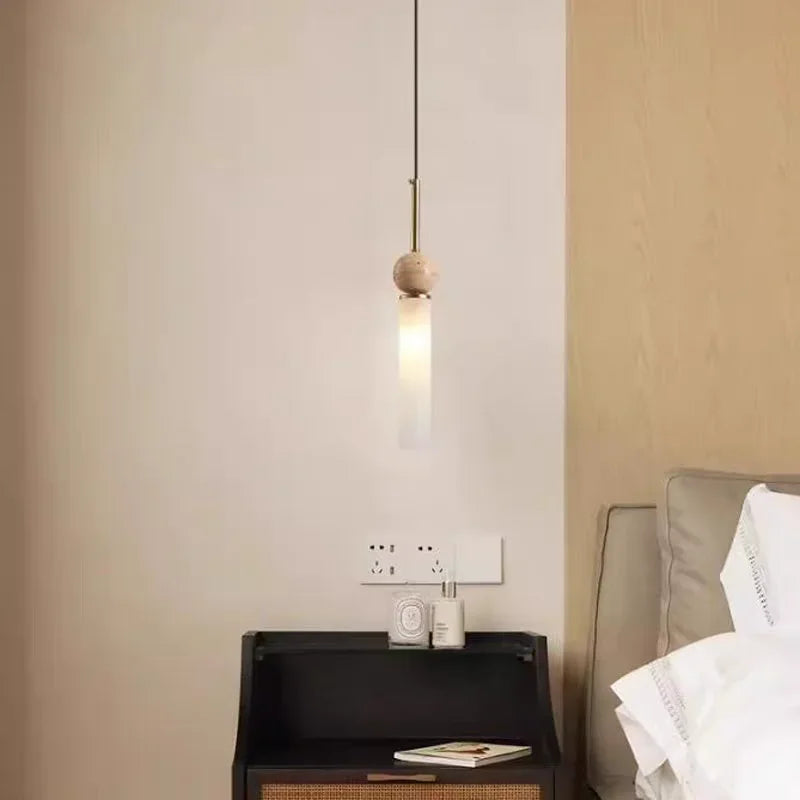 Wabi Sabi Travertine and Frosted Glass Tube Pendant Light for Bedside