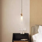 Wabi Sabi Travertine and Frosted Glass Tube Pendant Light for Bedside