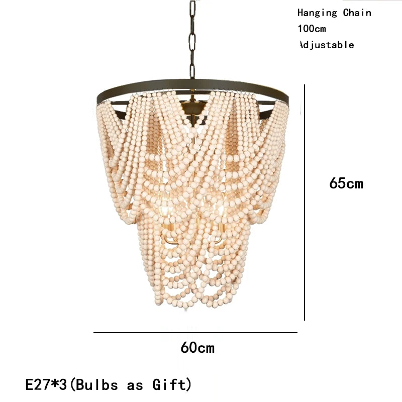 Bohemian Wood Beaded Chandelier with Draped Swags for Entryway