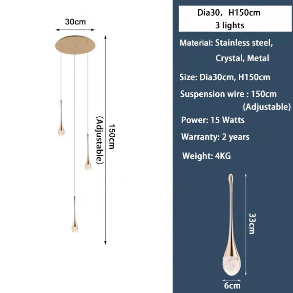 Lámpara de Araña LED de Diseño Moderno para Escalera, Lámpara de Cristal Larga de Lujo para Pasillo, con Luz Colgante Dorada Regulable para Decoración del Hogar