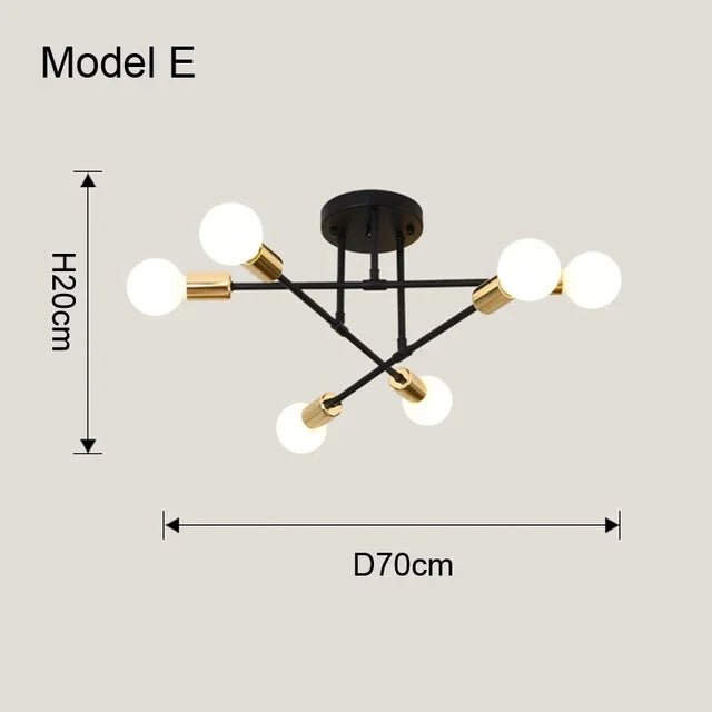 Modern Gold Sputnik Semi Flush Ceiling Light for Bedroom and Living Room