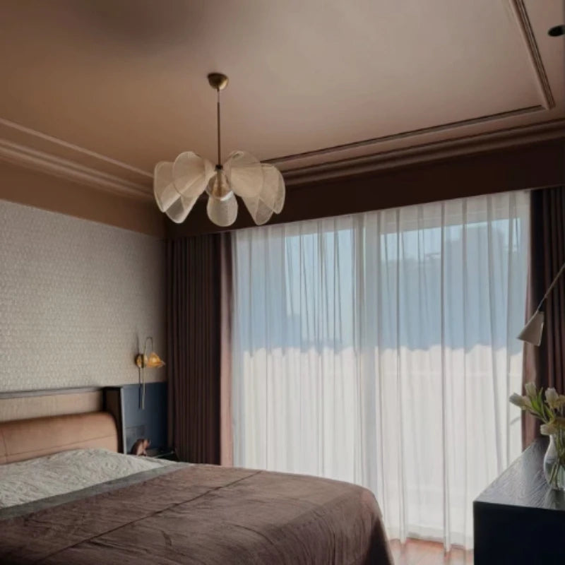 Japanese Linen Petal Pendant Light with Brass Stem for Bedroom