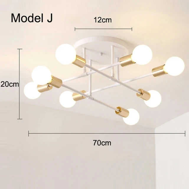 Modern Gold Sputnik Semi Flush Ceiling Light for Bedroom and Living Room