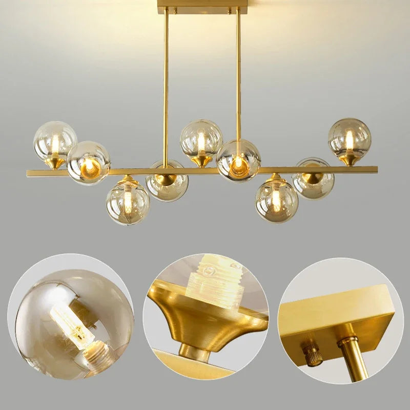 Lámpara de araña de cristal globo de mediados de siglo, luz lineal para comedor