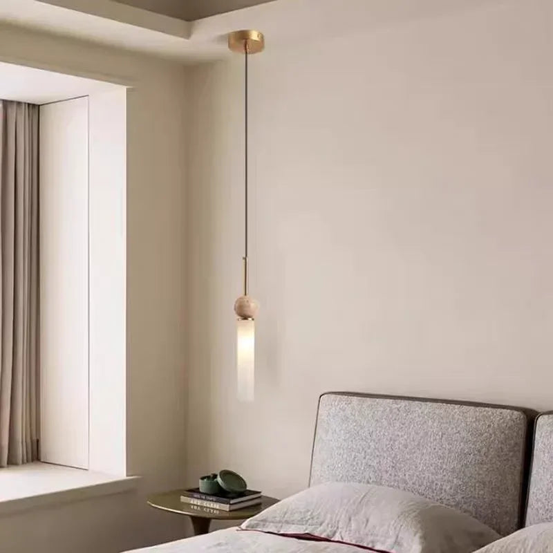Wabi Sabi Travertine and Frosted Glass Tube Pendant Light for Bedside