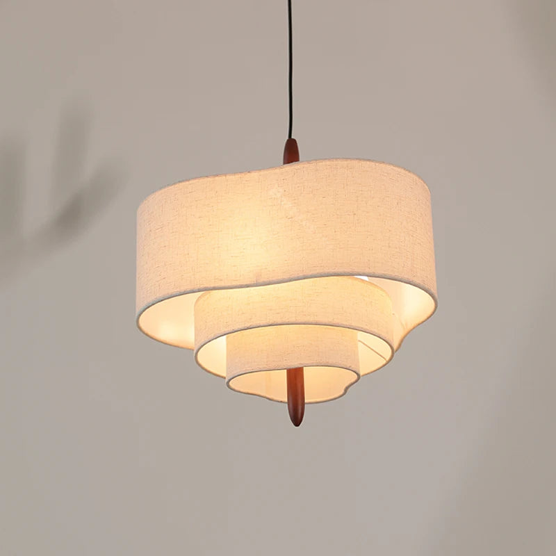 Wabi Sabi Linen Tiered Drum Chandelier with Walnut Accent for Living Room