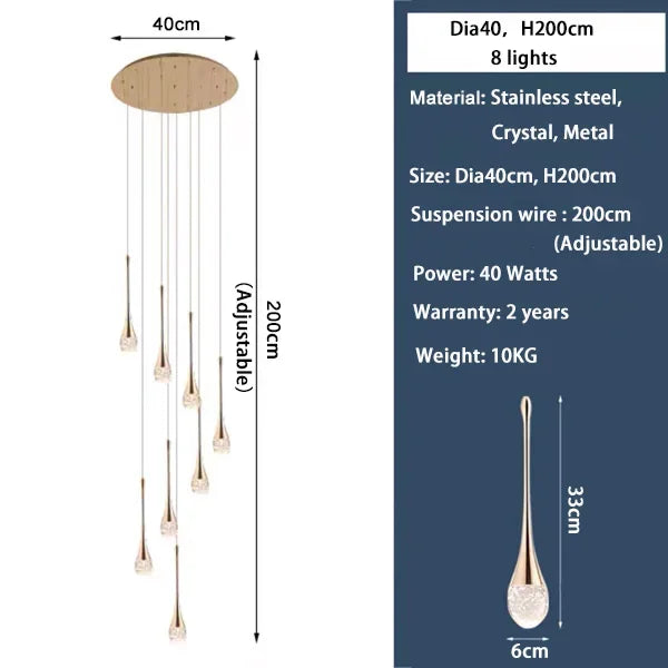 Lámpara de Araña LED de Diseño Moderno para Escalera, Lámpara de Cristal Larga de Lujo para Pasillo, con Luz Colgante Dorada Regulable para Decoración del Hogar