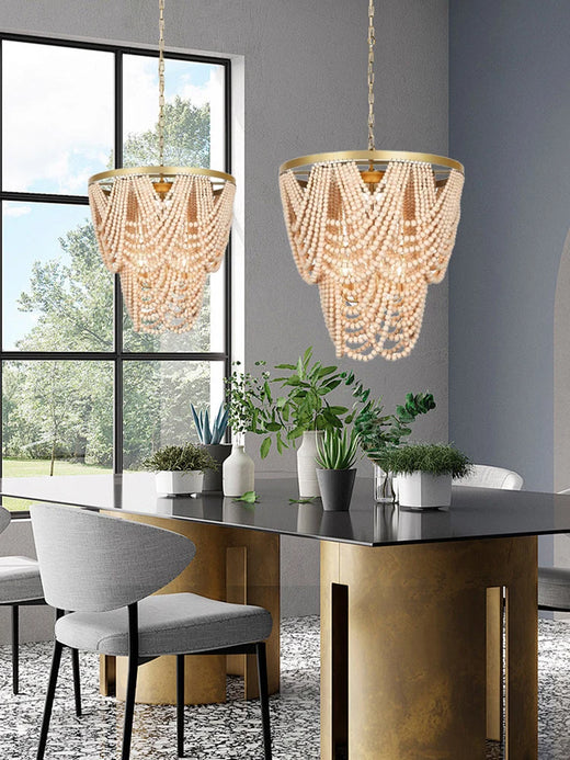 Bohemian Wood Beaded Chandelier with Draped Swags for Entryway