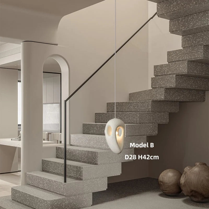 Wabi Sabi Organic Sculpted Pendant Light in White and Gray for Staircase