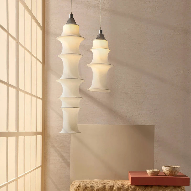 Wabi Sabi Silk Pagoda Column Pendant Light for Staircase and Loft