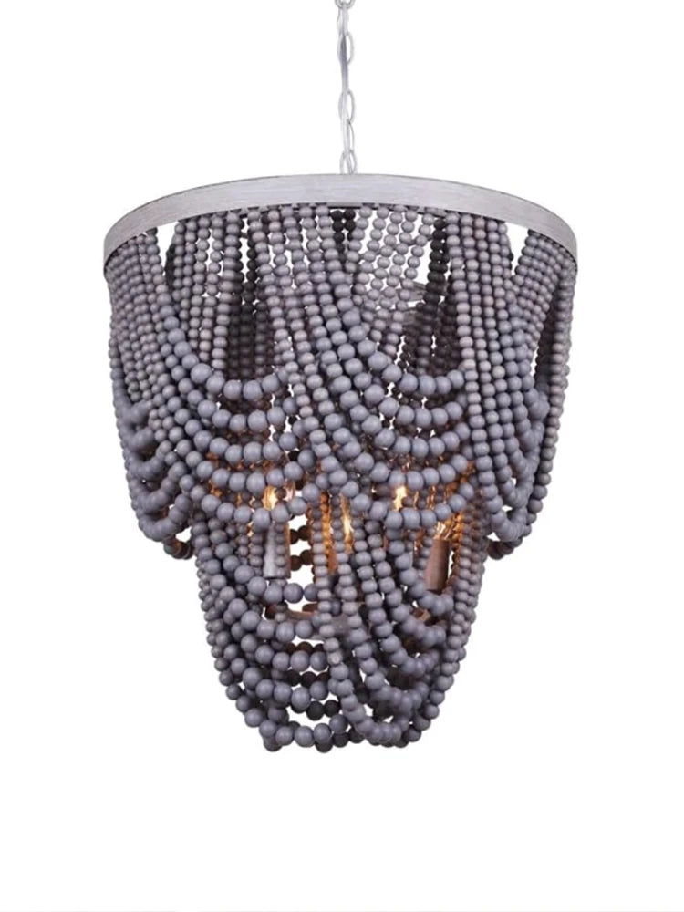 Bohemian Wood Beaded Chandelier with Draped Swags for Entryway