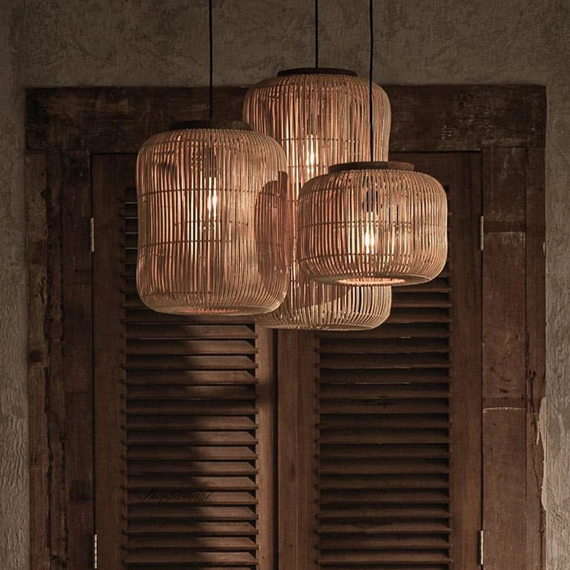 Lámpara colgante de ratán Wabi-sabi, candelabros vintage tejidos a mano para sala de estar, restaurante, dormitorio, cocina, lámpara colgante de cuerda de cáñamo