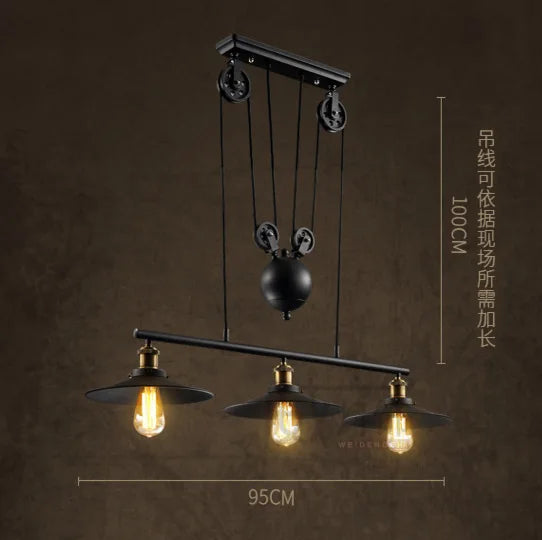 Industrial Iron Pendant Light with Pulley System
