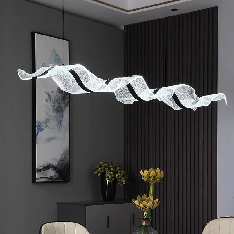 Modern Wave LED Linear Chandelier for Dining Table in Black Gold and White