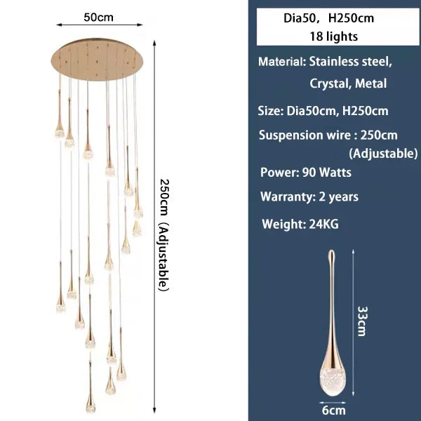 Lámpara de Araña LED de Diseño Moderno para Escalera, Lámpara de Cristal Larga de Lujo para Pasillo, con Luz Colgante Dorada Regulable para Decoración del Hogar