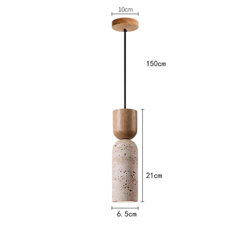 Wabi Sabi Travertine Cylinder Pendant Light with Walnut Top for Bedside
