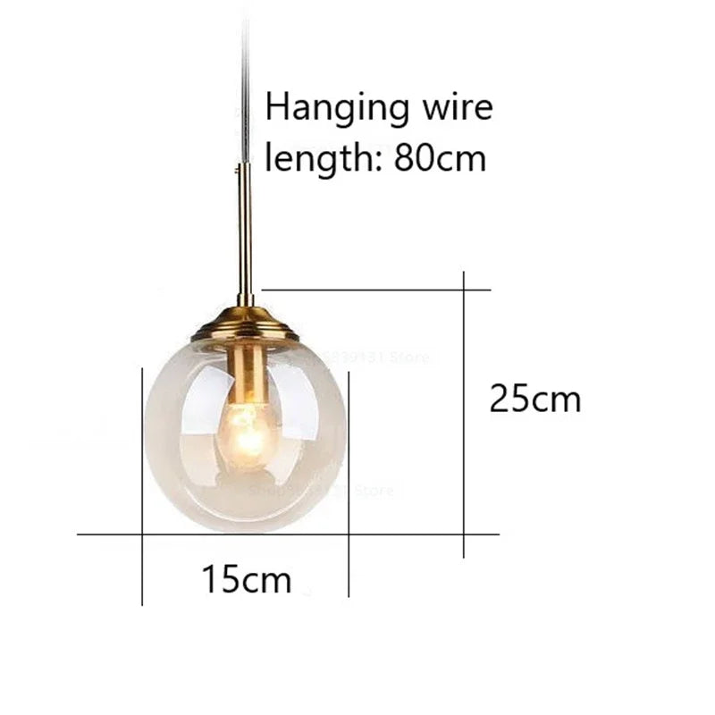 Nordic Glass Ball Pendant Light 15cm with Brass Stem for Bedside