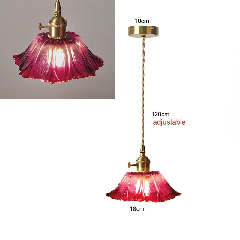 Vintage Flower Petal Glass Pendant Light with Brass Stem for Kitchen