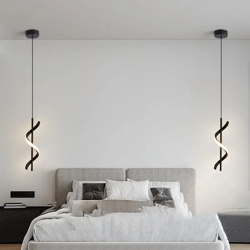 Modern Spiral Ribbon LED Pendant Light in Black and Gold for Bedside