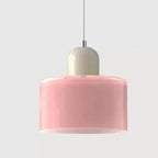 Retro Stained Glass Cylinder Pendant Light in Pastel Colors for Bedside