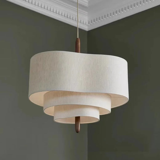 Japanese Cream Fabric Layered Drum Pendant Light for Dining Room
