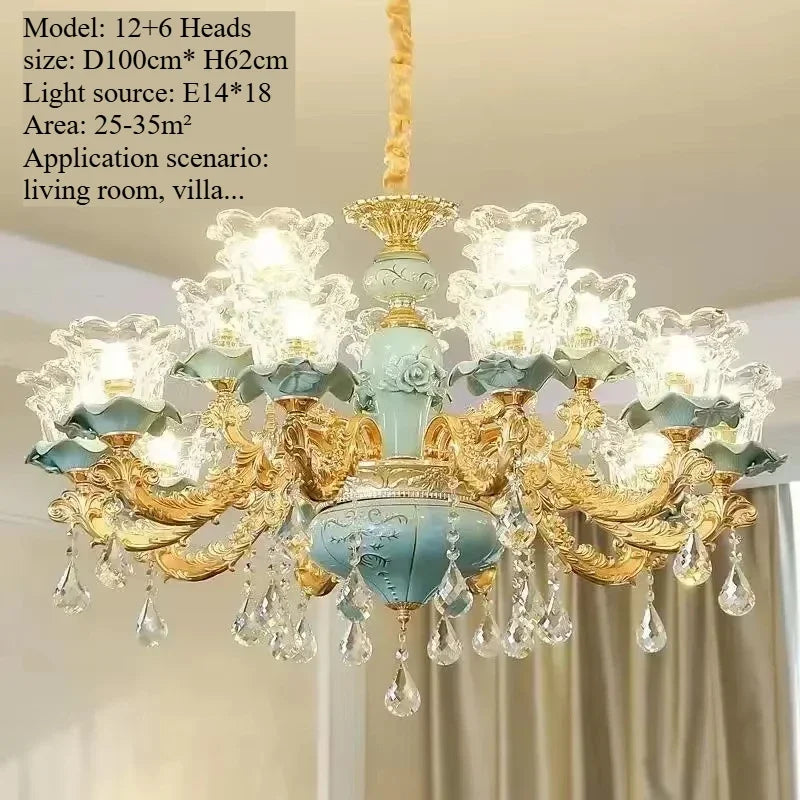 Lámpara de araña de cristal de lujo, cerámica azul, para sala de estar, lámpara de techo de villa, dormitorio, comedor, accesorios de iluminación para decoración del hogar.