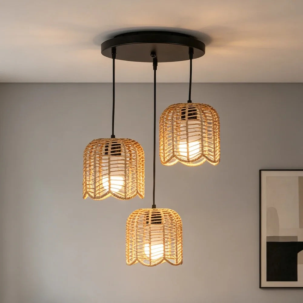 Bohemian Rattan Pendant Light 3-Head Hanging Lamp