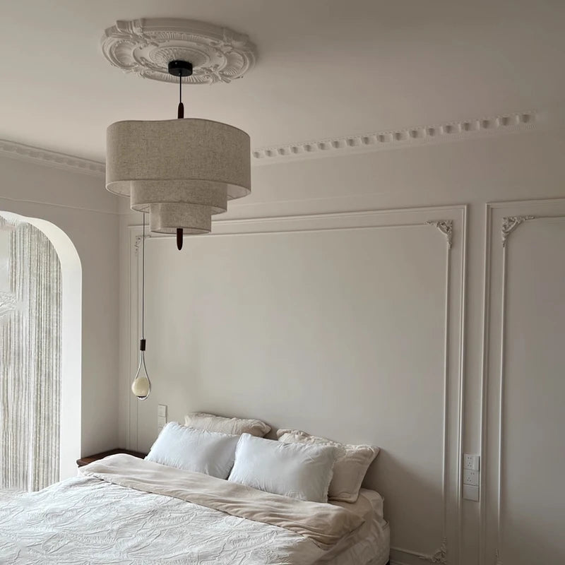 Wabi Sabi Linen Tiered Drum Chandelier with Walnut Accent for Living Room