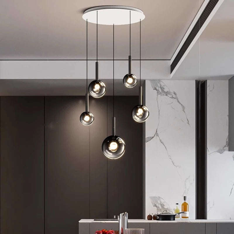 Smoked Glass Ball Cluster Staircase Chandelier with LED Globes