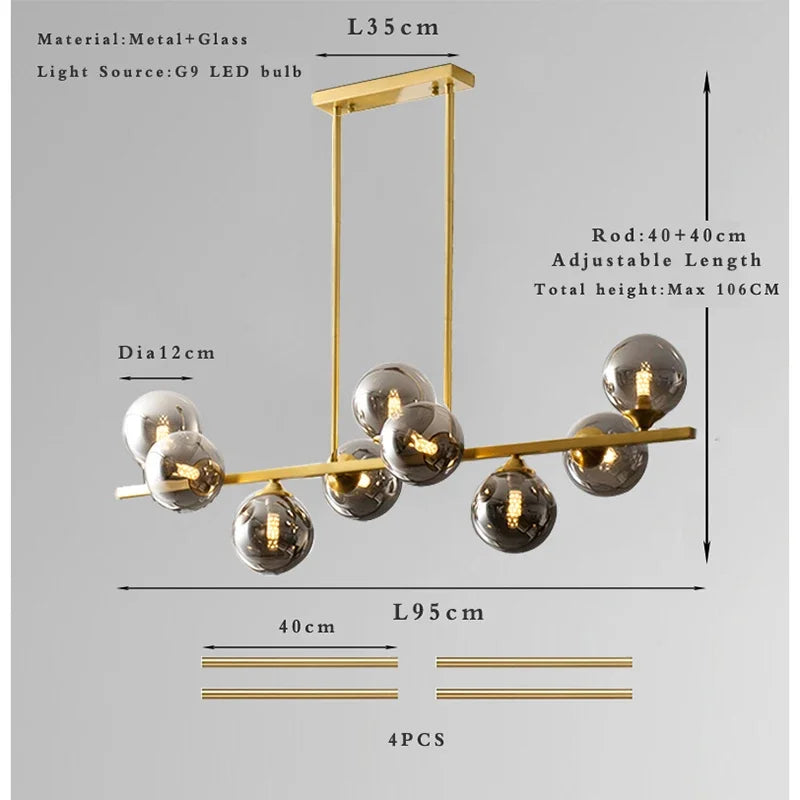Glass Globe Mid Century Chandelier Linear Dining Light